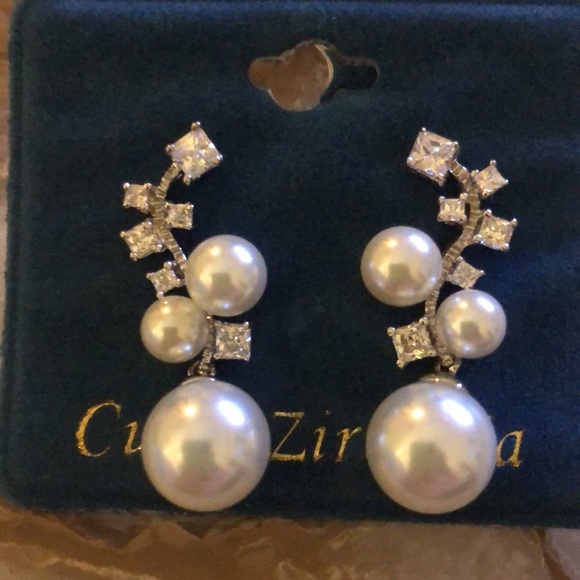 Sculptural Round Pearl Drop and Cubic Zirconia Earrings-Boutique - Picture 6 of 7